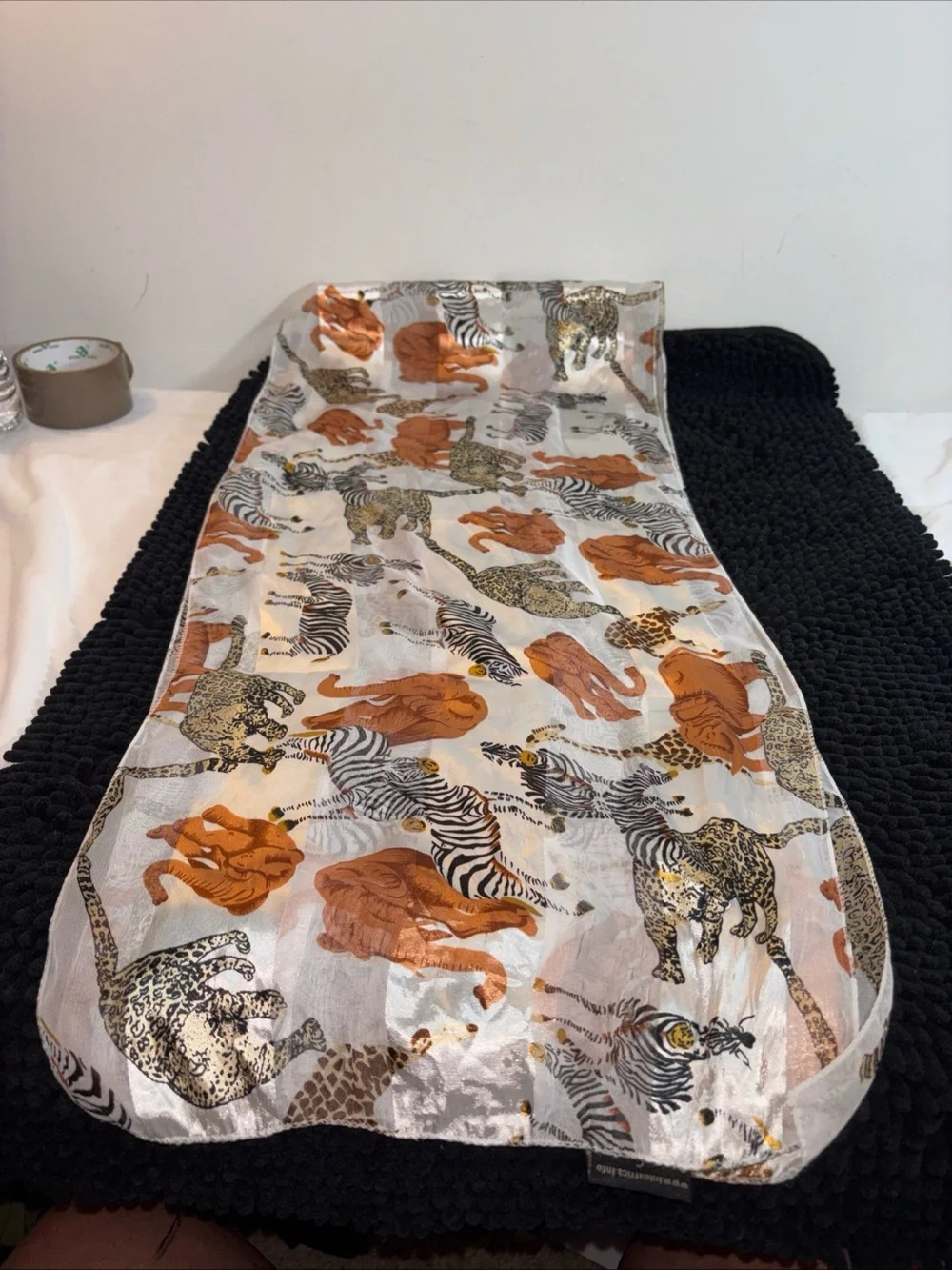 Into Africa Zebra Print Satin Scarf - White, Black, Gold, Brown. 1081
